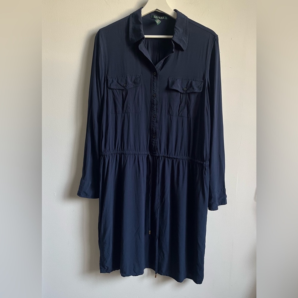 Lauren Ralph Lauren navy blue long-sleeve shirtdress w/drawstring waist sz 14